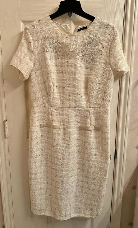 MOTF Dresses & Skirts - MOTF Cream Metallic Tweed Short Sleeve Sheath Dress with Floral Appliqué